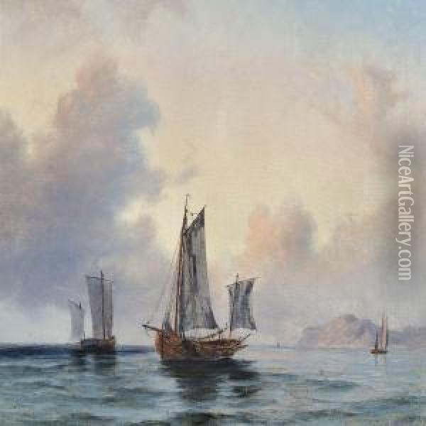 Sailing Boats Off The Coast Oil Painting - Anton Melbye