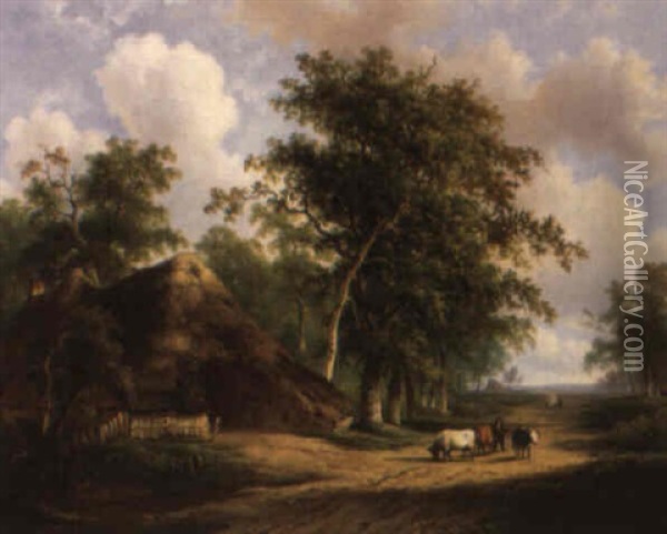 A Summer Landscape With A Hersman And Cattle On A Country Road Oil Painting - Christianus Hendricus Hein