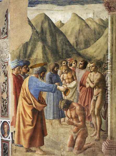 The Baptism of the Neophytes 1426-27 Oil Painting - Masaccio (Tommaso di Giovanni)