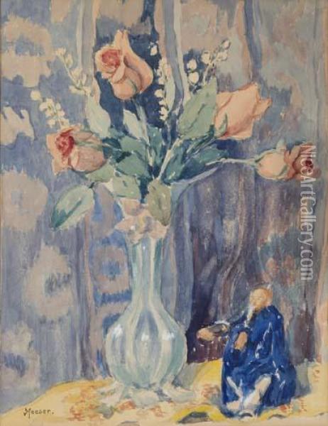 Floral With Asian Figure Oil Painting - Lillian Burk Meeser