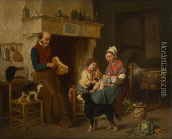 Scenede Famille Avec Chien Et Chat Oil Painting - Louis Simon Lassalle