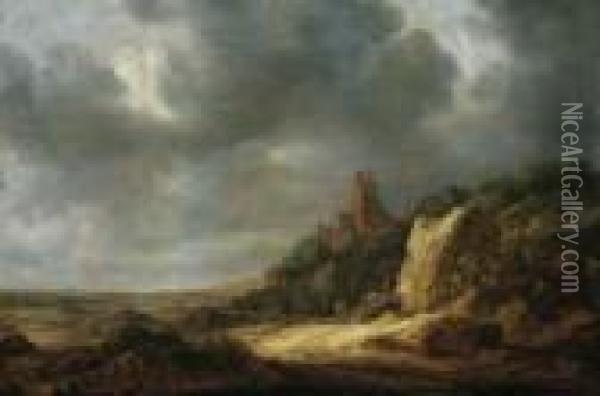 Weite Landschaft Mit Hochgelegener Burgruine. Oil Painting - Reinier Van Der Laeck