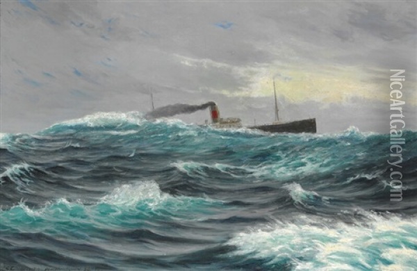 Seascape With An Atlantic Steamer In Rough Sea Oil Painting - Carl Ludvig Thilson Locher