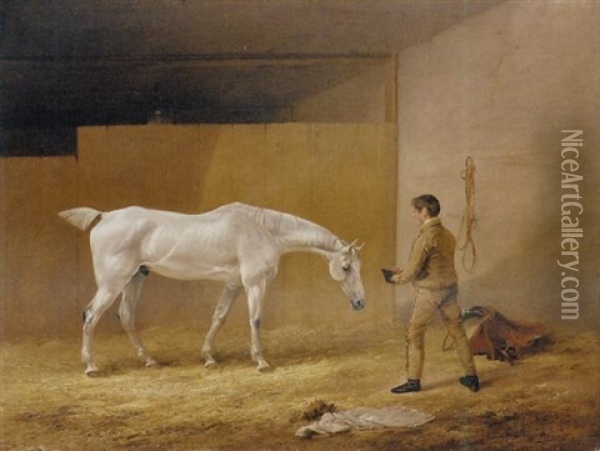 A Grey Hunter And Stable Boy Oil Painting - Edmund Bristow