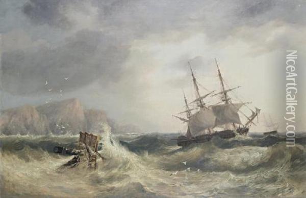 A Three-masted Merchantman Reefed Down In Heavy Seas Off A Rocky Shore Oil Painting - John Wilson Carmichael