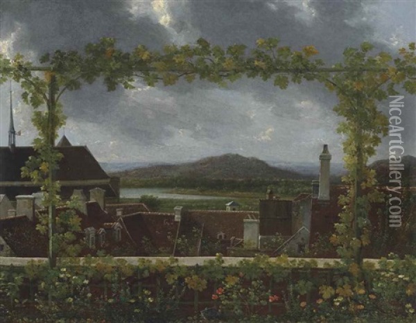 A Grapevine On A Flowering Trellis Framing A Town In An Extensive River Landscape, Possibly Near Lake Geneva Oil Painting - Jean Joseph Xavier Bidault