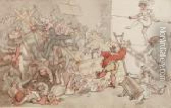 Dr. Syntax Involved In The Collapse Of The Theatrical Booth Oil Painting - Thomas Rowlandson