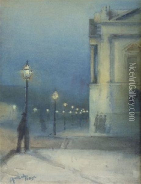 Night Scene Near Customs House, Cork Oil Painting - Harry Scully