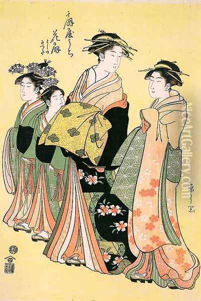 Hanogi, Yoshino and Tatsuta from the Ogiya Establishment, 1789-1801 Oil Painting - Chobunsai Eishi