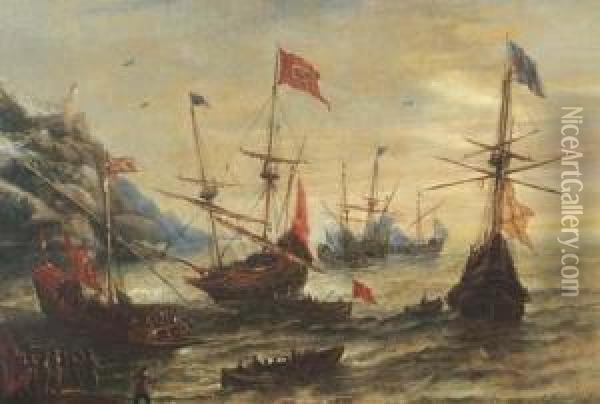 A Coastal Landscape With Frigates And Soldiers In A Breeze Oil Painting - Andries Van Eertvelt
