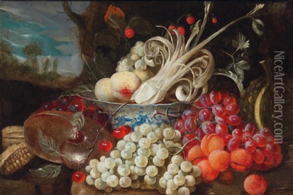 A Still Life Of Fruit And Vegetables, With A Chinese Porcelain Bowl And Brass Vessels Oil Painting - Jan Pauwel Gillemans The Elder