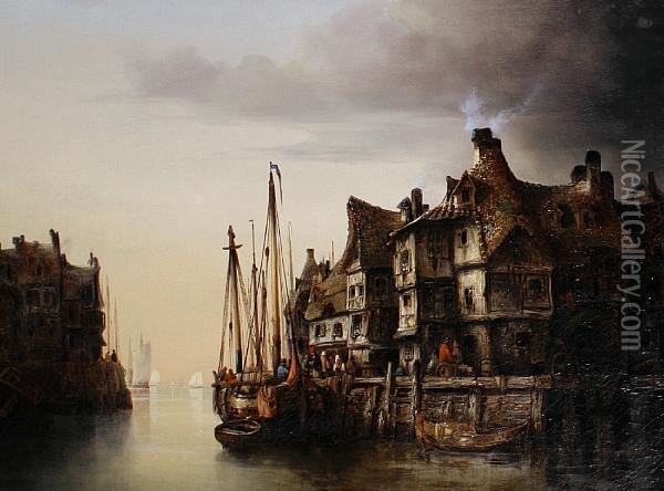 Dutch Canal Scene Oil Painting - Ludwig Herrmann