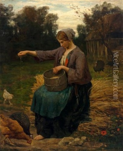 Jeune Femme Nourrissant Ses Volailles Oil Painting - Jules Breton