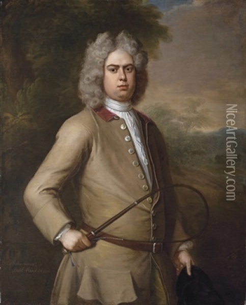 Portrait Of John Sutton, Three-quarter-length, In A Buff Coat, Holding A Riding Crop And Hat, A Country House Beyond Oil Painting - Michael Dahl