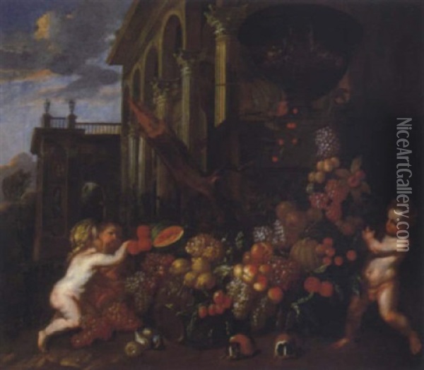 Putten Mit Fruchten Vor Einem Renaissancepalast Oil Painting - Jan Pauwel Gillemans The Elder