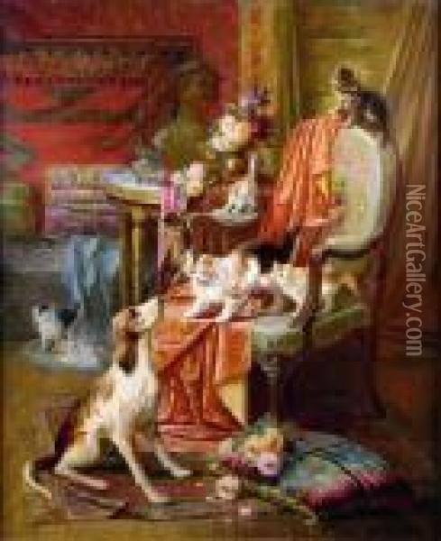 [chien Et Chats Dans Un Interieur] Oil Painting - Max Carlier
