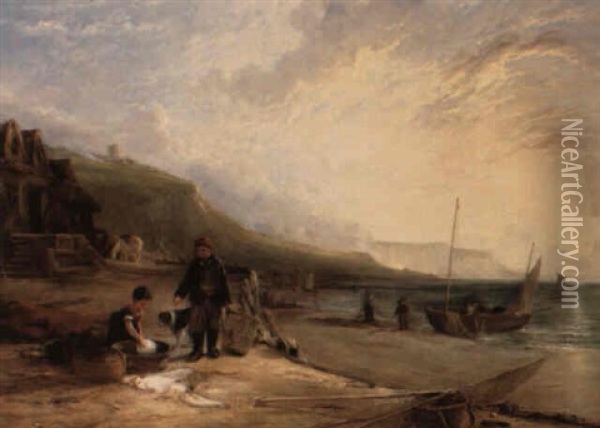 Unloading The Catch At Low Tide Oil Painting - William Collins