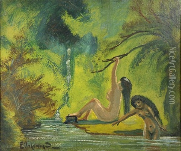 Two Women Bathing Oil Painting - Louis Michel Eilshemius