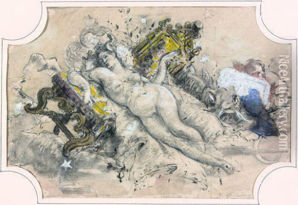 Projet Allegorique Pour Un Plafond. Oil Painting - Jules-Elie Delaunay
