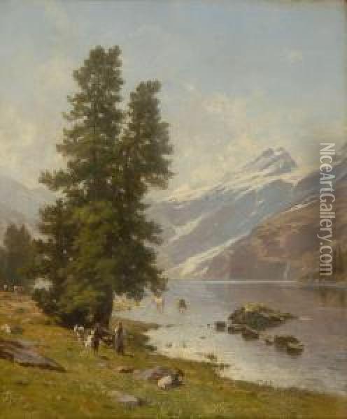 River Landscape With The Swiss Alps In The Background Oil Painting - Johann Joseph Geisser