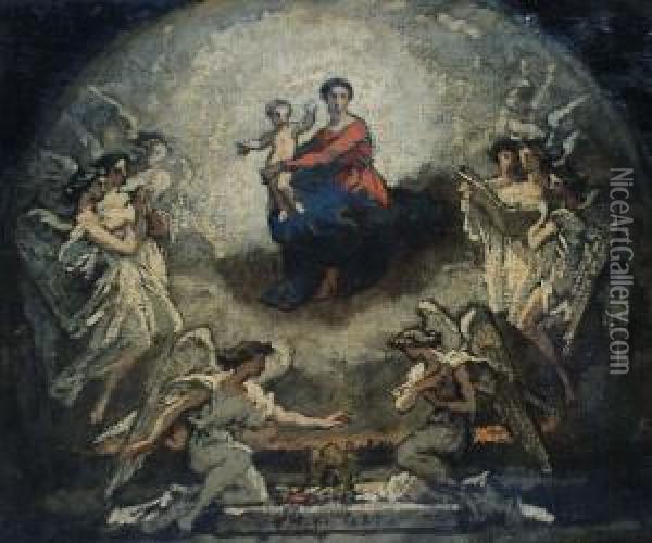A Sketch Of The Virgin And Child Surrounded By Angels Oil Painting - Thomas Couture