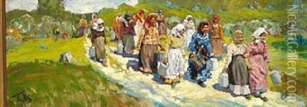 Russian Women With Milk On Their Way To The Market Oil Painting - Sergei Vasilievich Malyutin