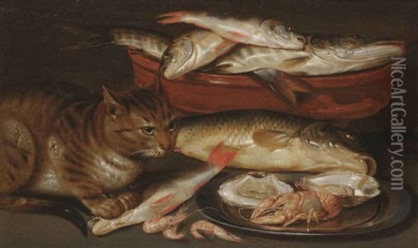 A Cat Sitting By A Bowl Of Fish And A Silver Plate With Two Oysters, A Lobster And Shrimps Oil Painting - Clara Peeters