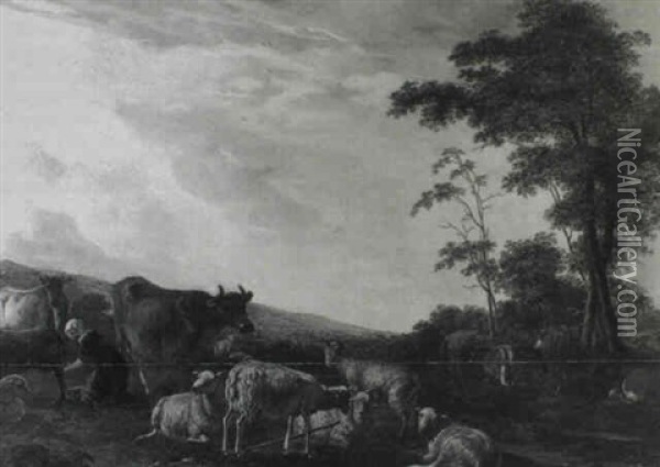 A Milkmaid With Cattle, Sheep And Goats In An Italianate    Landscape Oil Painting - Johannes van der Bent