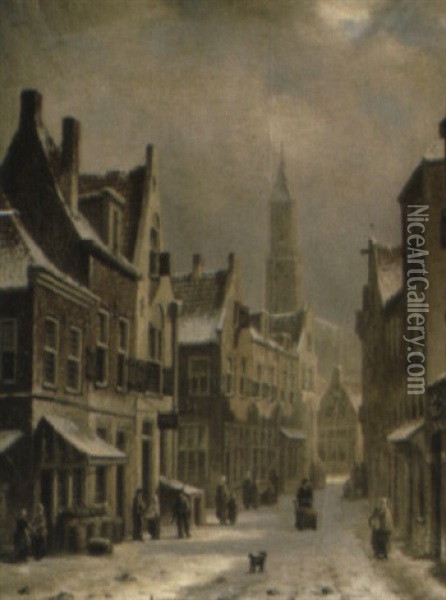 A Dutch Street Scene In Winter Oil Painting - Oene Romkes De Jongh