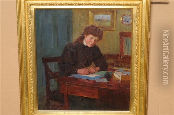 Girl Seated At A Desk, Writing Oil Painting - Ernest Higgins Rigg