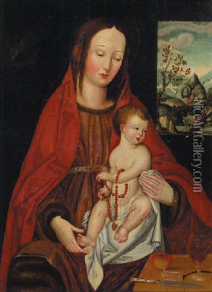 The Madonna And Child, A Landscape Seen Through A Window Beyond Oil Painting - Adriaen Isenbrant