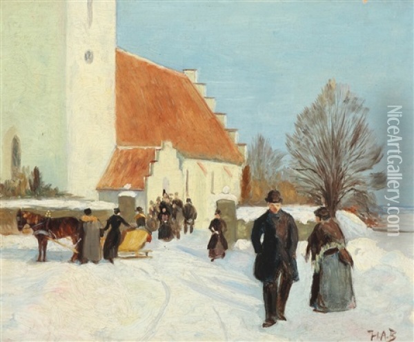 Winter Scenery With Churchgoers Oil Painting - Hans Andersen Brendekilde
