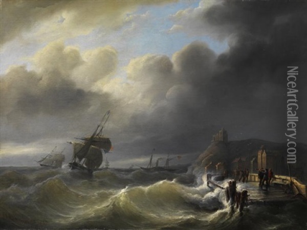 Segelschiffe In Einer Sturmflut Vor Der Kuste Oil Painting - Christian Cornelis Kannemans