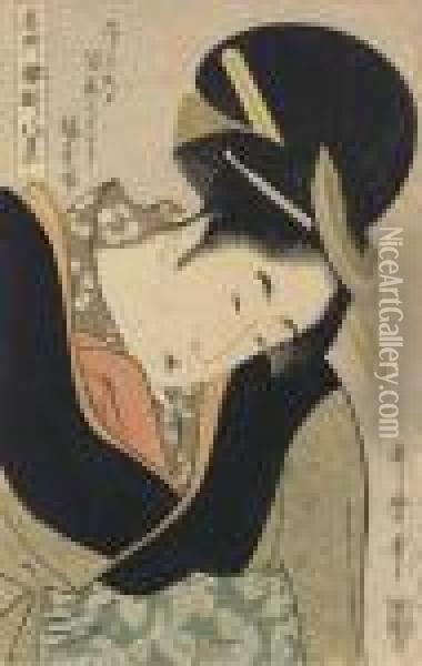 A Bust Portrait Of A Tea-stall Waitress Oil Painting - Kitagawa Utamaro