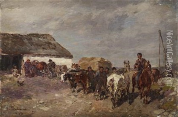 Farmyard Scene With Oxcart Oil Painting - Gregor von Bochmann the Elder