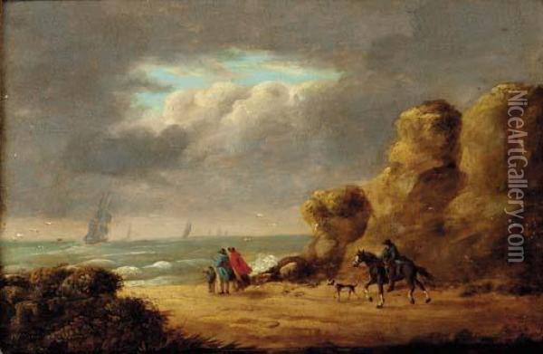 Figures And A Horseman Looking Out To Sea In A Gale Oil Painting - George Morland