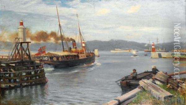 Fjordabat Stevner Ut Trondheim Havn 1893 1893 Oil Painting - Niels Hansteen