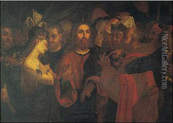 Cristo Y La Mujer Adultera Oil Painting - Lorenzo Lotto