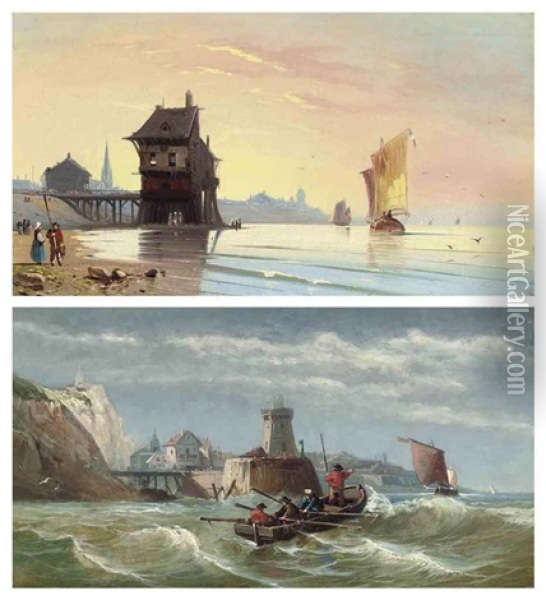 Rowing Out At A Lighthouse (+ A Calm Day On The French Coast; Pair) Oil Painting - Charles Euphrasie Kuwasseg