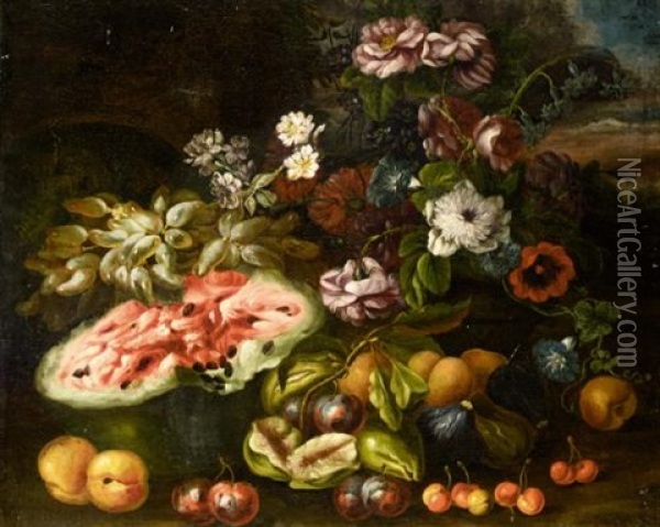 Still Life Life With Grapes, A Melon, Figs, Plums, Peaches And Various Flowers In A Landscape Oil Painting - Abraham Brueghel