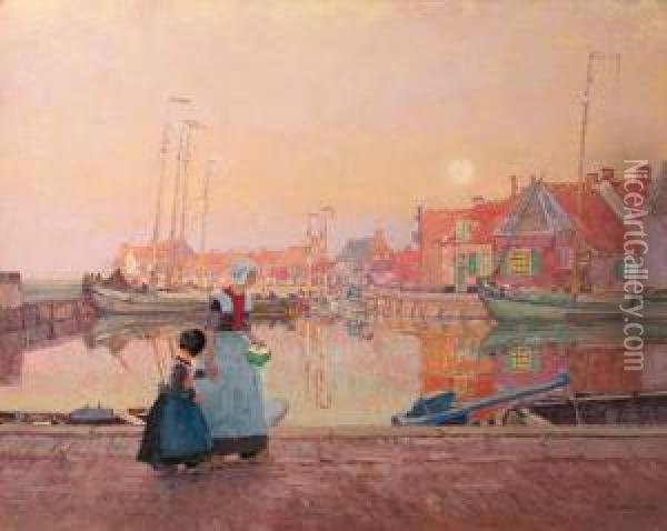 A Dutch Fishing-village At Dusk With Figures On A Quay Oil Painting - Hans Herrmann