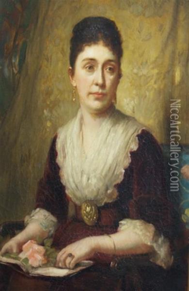 American, - Portrait Of Alady Holding A Rose Oil Painting - Benjamin Curtis Porter