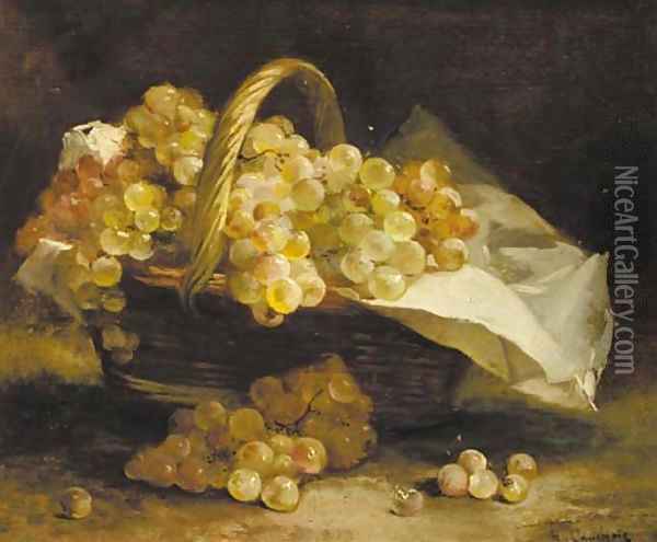 Grapes in a wicker basket Oil Painting - Eugene Henri Cauchois