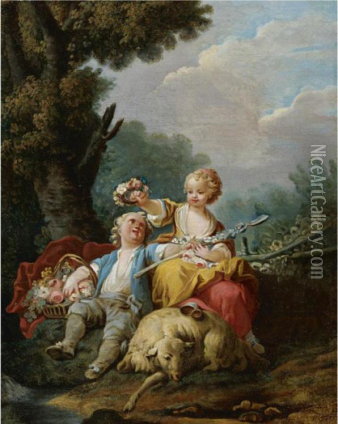 A Young Shepherd And Shepherdess Seated In A Pastoral Landscape Oil Painting - Jean-Baptiste Huet I
