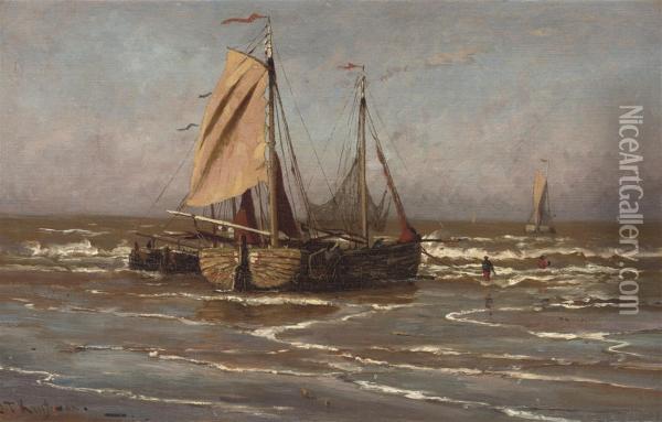 Boats In The Surf Oil Painting - Jan Theodore Kruseman