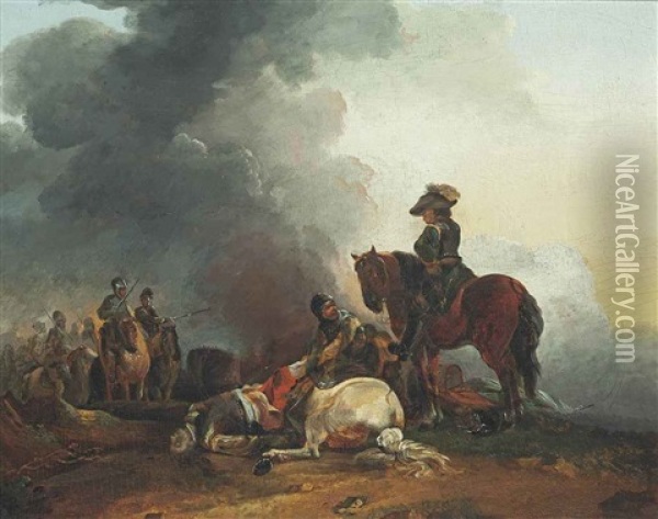 A Cavalry Officer Inspecting A Fallen Horseman Oil Painting - Francesco Giuseppe Casanova