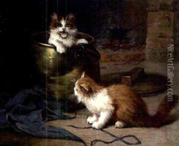 Spielende Katzen Vor Dem Kamin, Eine Im Messingkessel Sitzend Oil Painting - Leon Charles Huber