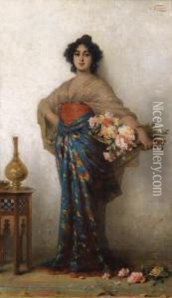 Orientalbeauty With A Basket Of Roses Oil Painting - Nathaniel Sichel