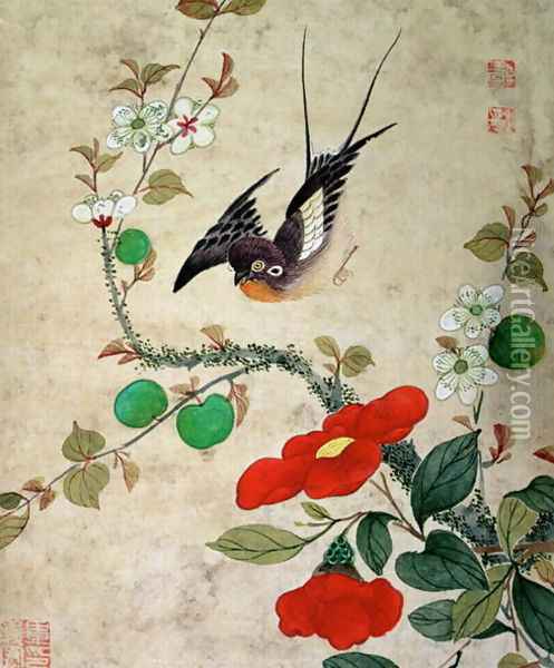 One of a series of paintings of birds and fruit, late 19th century 3 Oil Painting - Guoche Wang