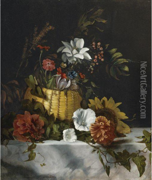 Basket Of Flowers On A Marble Ledge Oil Painting - Dirck de Bray